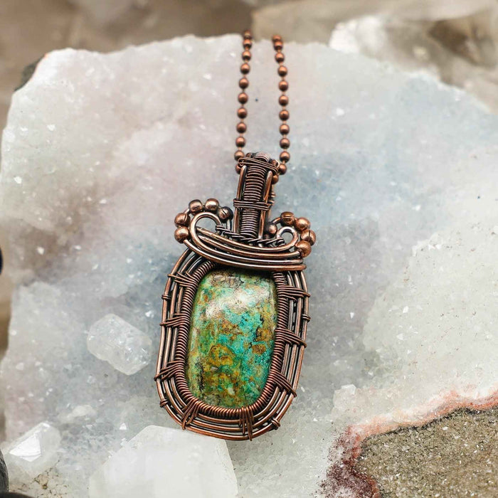 Chrysocolla Crystal Wire Wrapped Square Pendant Copper