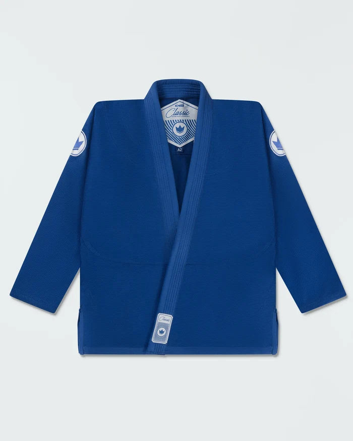Kingz Classic 3.0 Jiu Jitsu Gi Blue - Flat Lay Product Only Blue Gi Embroidered Shoulder Patches Inner Label Crown Badge Lapel Tag Durable Weave BJJ Gi Training [color:Blue]