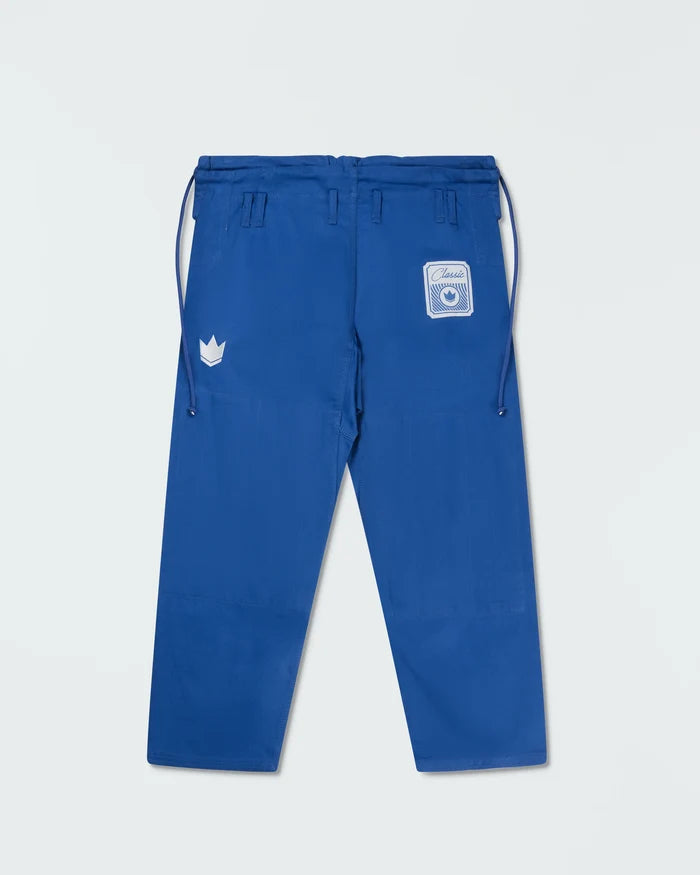 Kingz Classic 3.0 Jiu Jitsu Gi - Blue - Back View Blue Pants White Crown Badge Classic Patch Drawstring Waist Durable Fabric BJJ Gi Training Grappling [color:Blue]