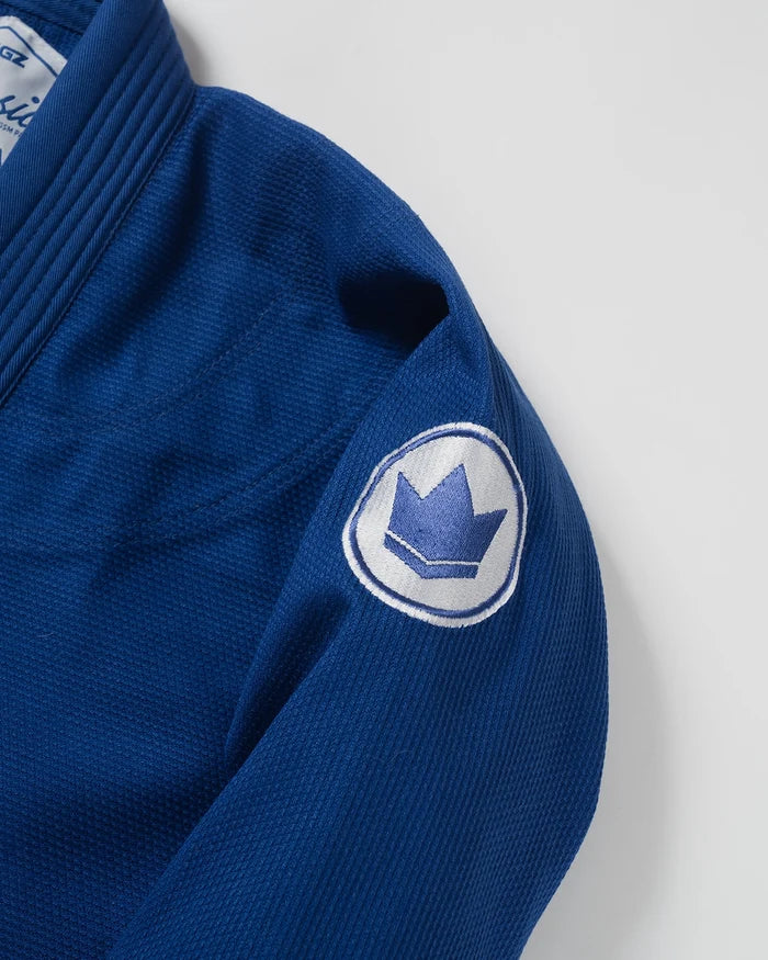 Kingz Classic 3.0 Jiu Jitsu Gi Blue - Close-Up Detail View Shoulder Crown Badge Embroidered White Blue Patch Textured Fabric Durable Stitching BJJ Gi Training [color:Blue]