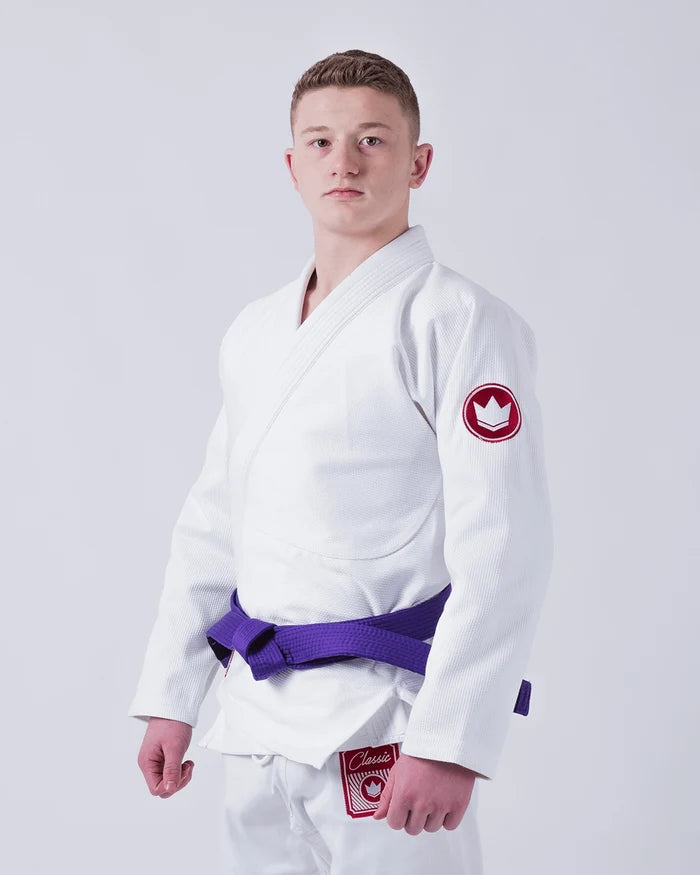 Kingz Classic 3.0 Jiu Jitsu Gi - White - Front View Male Athlete Red Crown Badge Sleeve Purple Belt Classic Patch Waist Durable Weave BJJ Gi Training [color:White]