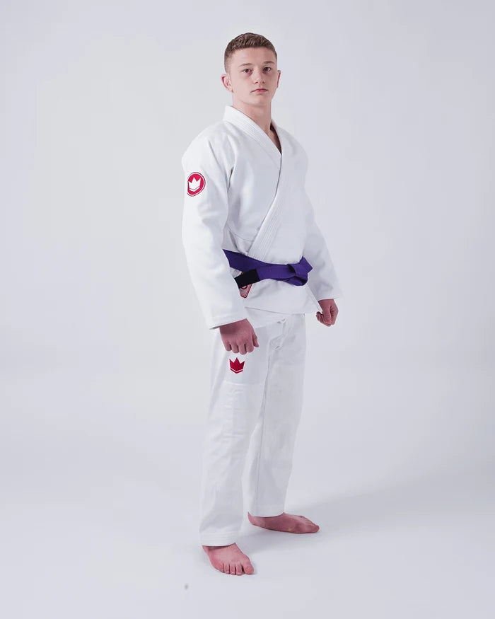 Kingz Classic 3.0 Jiu Jitsu Gi - White - Full Body Front View Male Athlete Red Crown Badge Left Arm and Thigh White Gi Purple Belt Traditional Fit BJJ Training Gi [color:White]