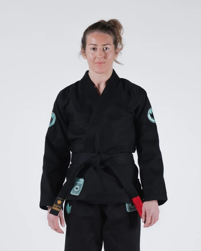 Kingz Classic 3.0 Women's BJJ Gi Black - Upper Body Front View Female Athlete Black Belt Teal Crown Logo 450gsm Pearl Weave Plus