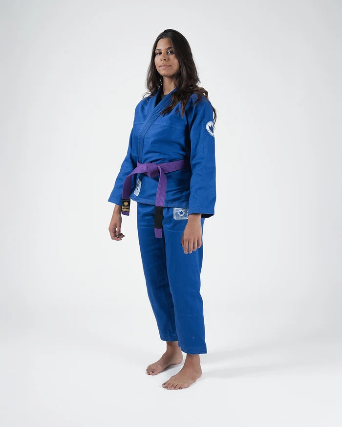 Kingz Classic 3.0 Women's BJJ Gi Blue - Full Body Front View Female Athlete Purple Belt Crown Badge Logo Complete Gi Women's