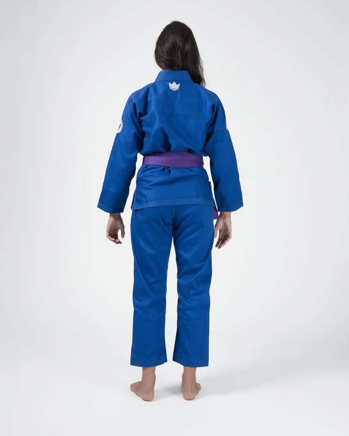 Kingz Classic 3.0 Women's BJJ Gi Blue - Full Body Back View Female Athlete Purple Belt Crown Logo Upper Back Women's Slim Cut