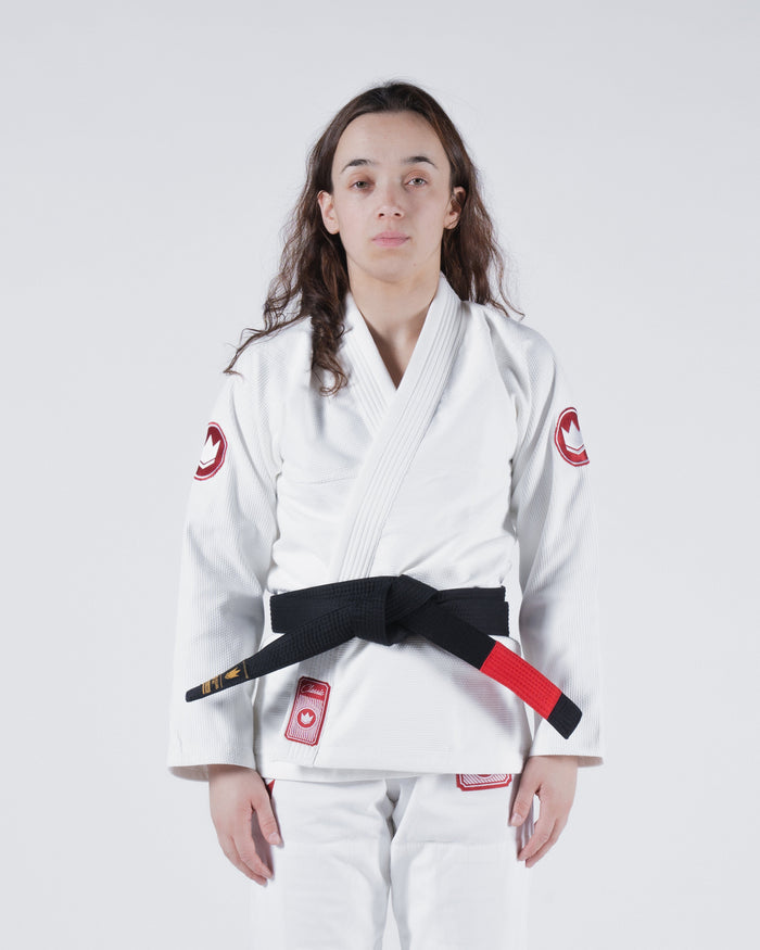 Kingz Classic 3.0 Women's BJJ Gi White - Upper Body Front View Female Athlete Black Belt Red Crown Badge Logo 450gsm Pearl Weave Plus