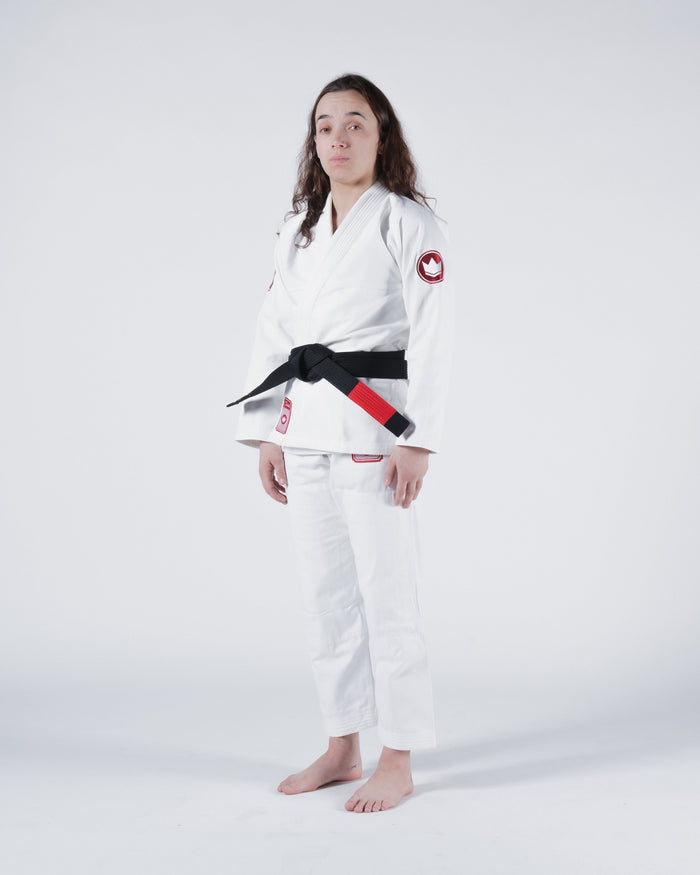 Kingz Classic 3.0 Women's BJJ Gi White - Full Body Side Profile View Female Athlete Black Belt Red Crown Badge Logo Women's