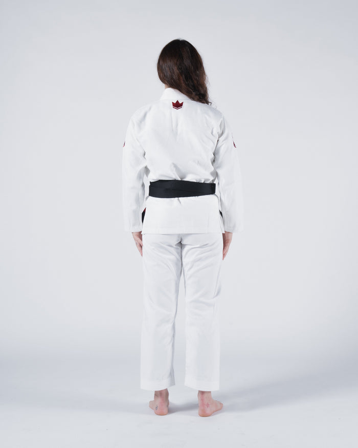 Kingz Classic 3.0 Women's BJJ Gi White - Full Body Back View Female Athlete Black Belt Red Crown Logo Upper Back Women's Slim