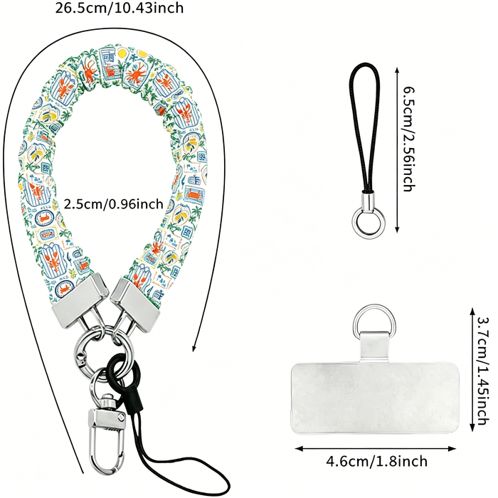 A Coastal Catch scrunchie phone wrist strap featuring a blue tile, orange lobster, and yellow lemon pattern attached to a matching Wavy Luxe phone case on a blue and white striped background.