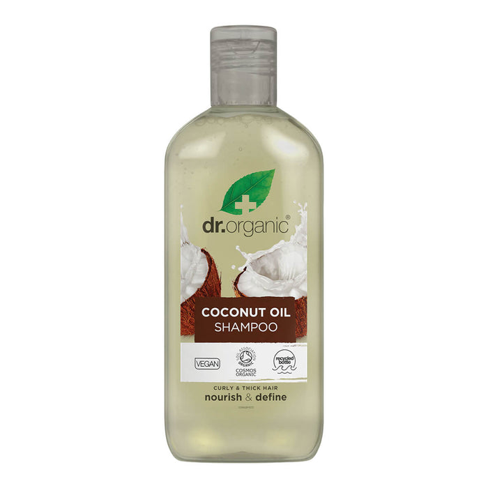 265ml bottle Dr. Organic Virgin Coconut Oil Shampoo that gently cleanses, rejuvenates, and nourishes hair.
