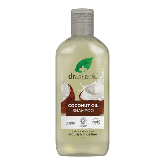 265ml bottle Dr. Organic Virgin Coconut Oil Shampoo that gently cleanses, rejuvenates, and nourishes hair.