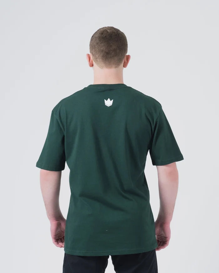 Kingz Collegiate Tee Dark Forest Green - Back View Male Athlete White Crown Logo Upper Back Plain Design Short Sleeve Casual Fit BJJ Training Apparel [color:Dark Forest Green]