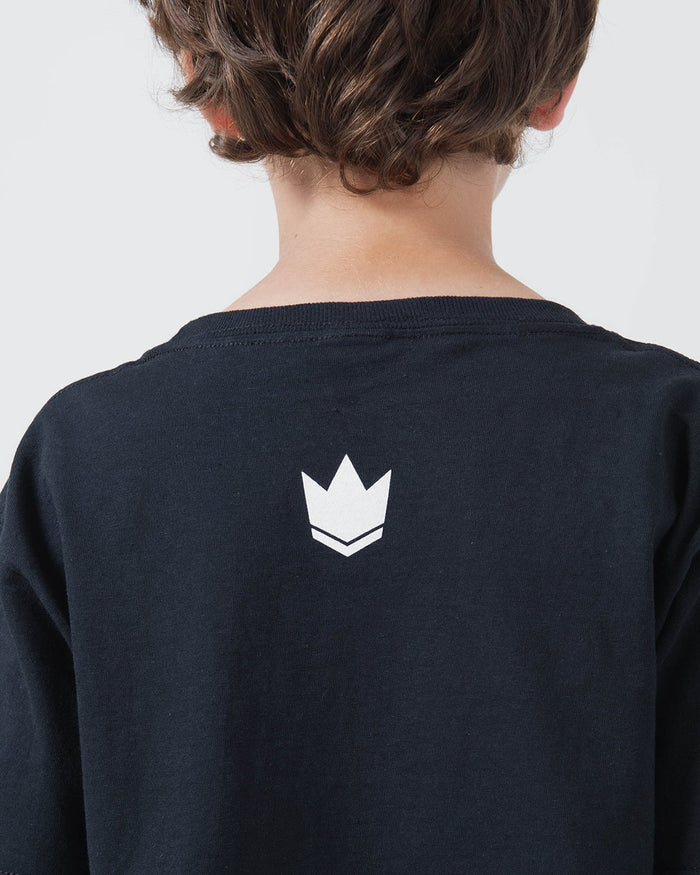 Kingz Collegiate Youth Tee Black - Back View Child White Crown Logo Upper Back Soft Cotton Fabric Streetwear [color:Black]