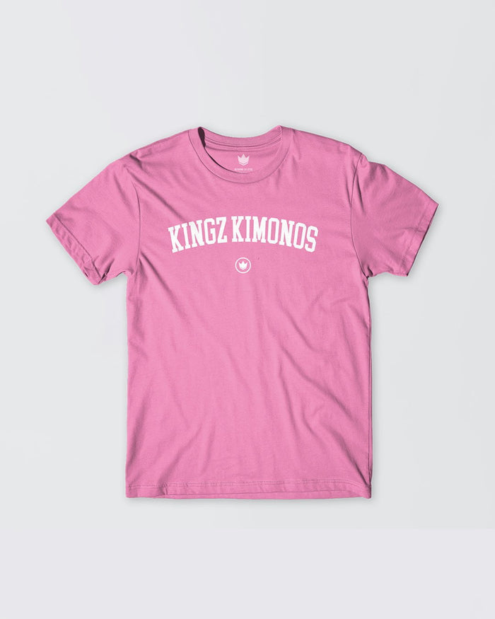 Kingz Collegiate Youth Tee Pink - Flat Lay Product Only - Pink Short Sleeve Tee White KINGZ KIMONOS Arched Text Front Center Crown Logo Below Classic Fit Streetwear [color:Pink]