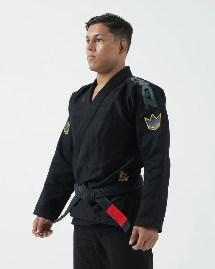Kingz Comp 450 V6 BJJ Gi Black 2023 version front view showing crown logos on jacket shoulders