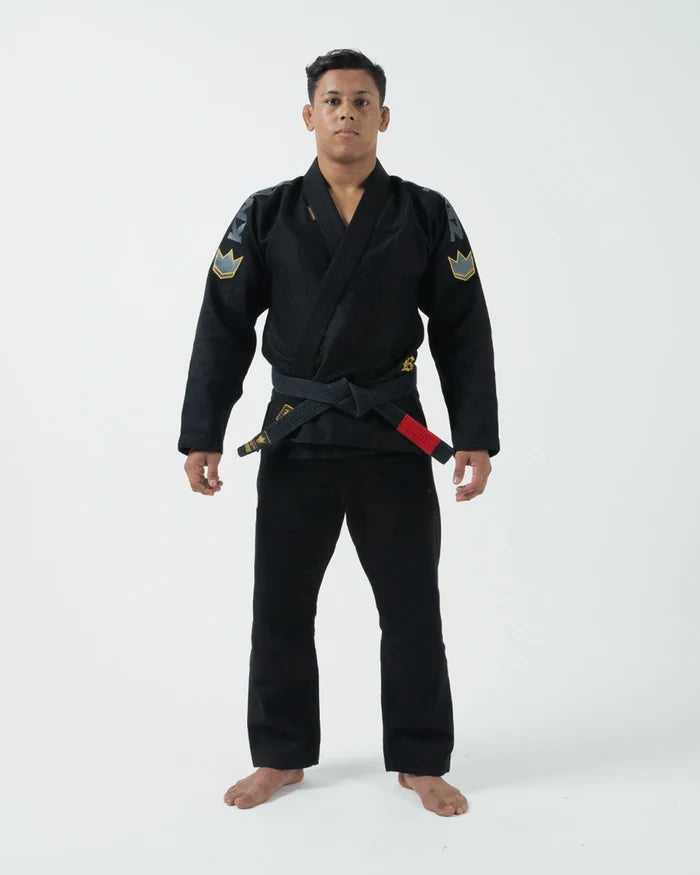 Kingz Comp 450 V6 BJJ Gi Black 2023 version full body front view male athlete in complete gi set