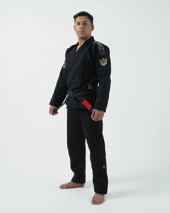 Kingz Comp 450 V6 BJJ Gi Black 2023 version three quarter angle view male athlete turned to side
