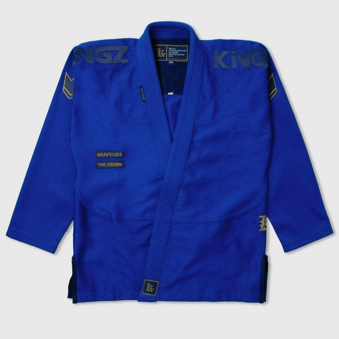 Kingz Comp 450 V6 Gi - Blue - Flat Lay Product Only Blue Gi Gold Embroidered KINGZ Text Shoulders Crown Badge Left Sleeve Heavy Lies The Crown Patch Front Jiu Jitsu Gear [color:Blue]