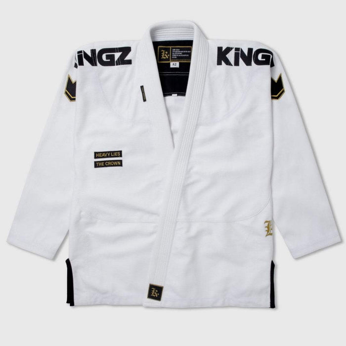 Kingz Comp 450 V6 Gi - White - Flat Lay Product Only Black KINGZ Shoulder Text Gold Crown Badge Sleeve Heavy Lies The Crown Patch Black Side Panels Jiu Jitsu Gear Training Gi [color:White]