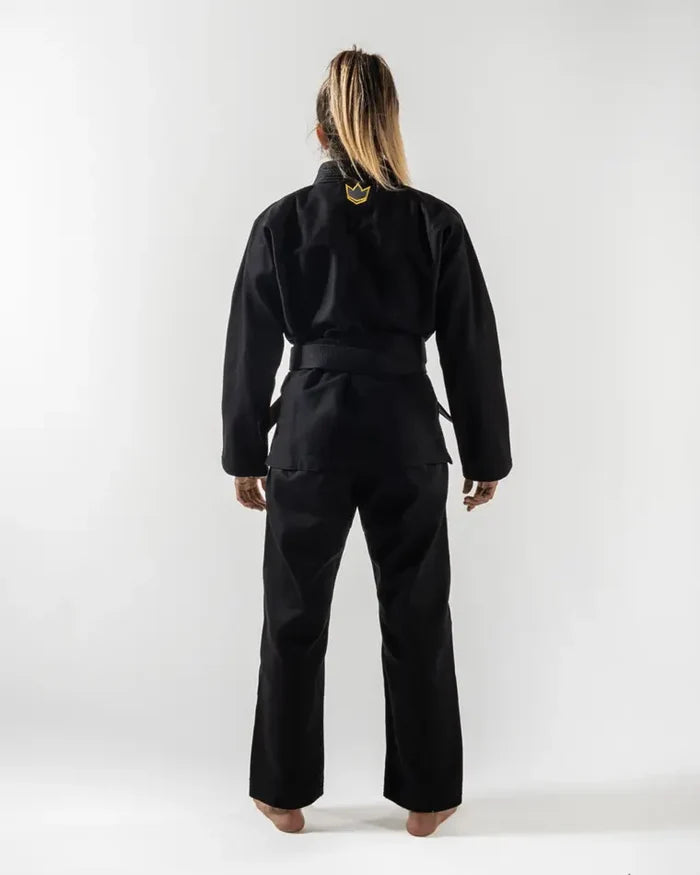 Kingz Comp 450 V6 Women's Gi Black - Back View Female Athlete Yellow Crown Badge Collar Solid Black Design Durable Fabric BJJ Gi Training [color:Black]