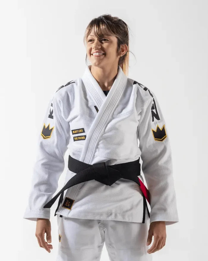 Kingz Comp 450 V6 Women's Gi - White - Front View Female Athlete Black Belt Crown Badge Shoulder Text Patch Contrast Stitching Durable Fabric BJJ Gi Training [color:White]