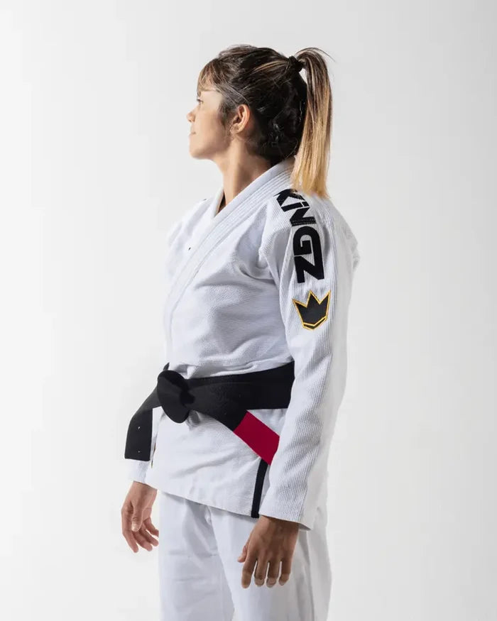 Kingz Comp 450 V6 Women's Gi - White - Side View Female Athlete Black Belt Shoulder KINGZ Text Crown Badge Yellow Red Side Panel Durable BJJ Gi Kimono Training Apparel [color:White]