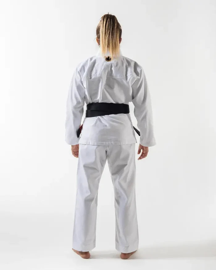 Kingz Comp 450 V6 Women's Gi - White - Full Body Back View Female Athlete Solid White Gi Black Belt Minimalist Design Durable Fabric BJJ Training Gi [color:White]