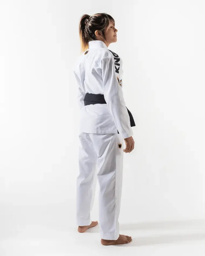 Kingz Comp 450 V6 Women's Gi - White - Back Side View Female Athlete KINGZ Shoulder Text Crown Badge Left Thigh Tailored Fit High-Quality Fabric BJJ Gi [color:White]