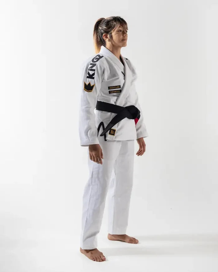 Kingz Comp 450 V6 Women's Gi - White - Full Body Side View Female Athlete Black Belt KINGZ Shoulder Text Crown Badge Arm Patch Tailored Fit BJJ Gi Training [color:White]