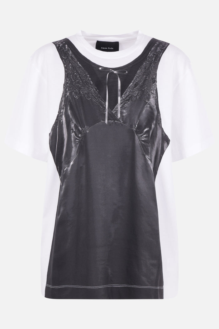 cotton t-shirt with Patchwork Satin Trompe L'Oeil print