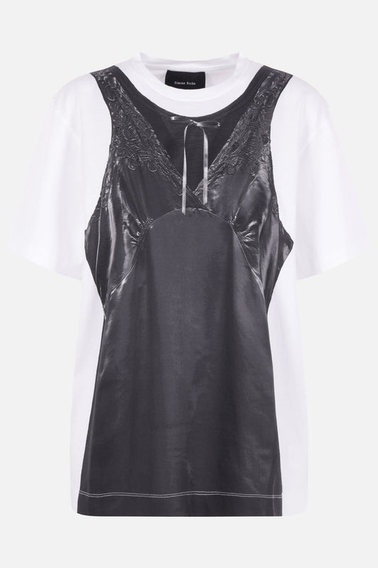 cotton t-shirt with Patchwork Satin Trompe L'Oeil print