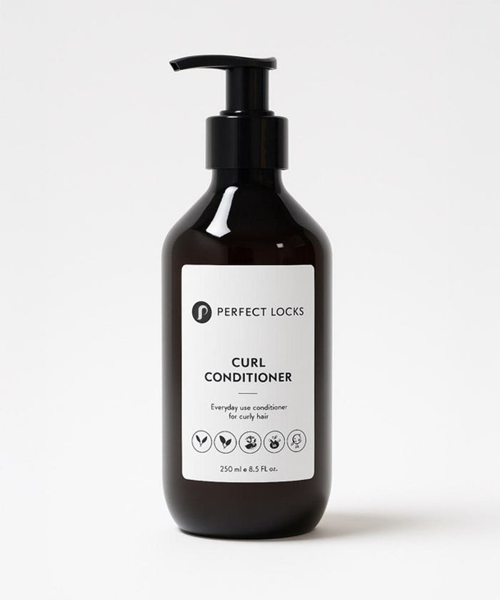 A dark pump bottle labeled Perfect Locks Curl Conditioner for curly hair, 250 ml, with vegan, cruelty-free, and recyclable icons on a white background.