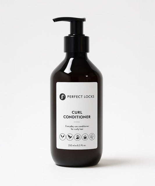 A dark pump bottle labeled Perfect Locks Curl Conditioner for curly hair, 250 ml, with vegan, cruelty-free, and recyclable icons on a white background.