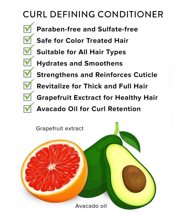Infographic for Perfect Locks Curl Care Defining Conditioner lists benefits: paraben-free, hydrating, all hair types. Highlights grapefruit extract and avocado oil.