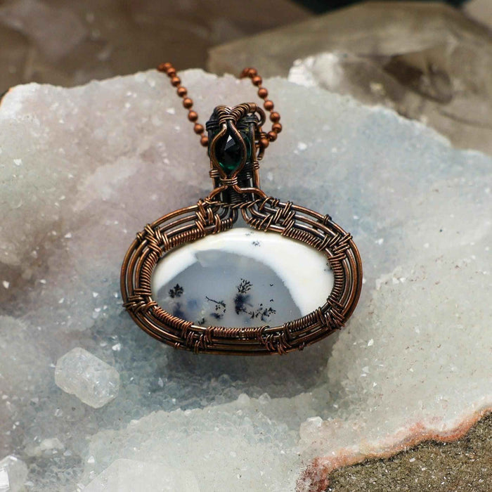 Dendritic Agate Crystal Oval Copper Wire Wrap Pendant