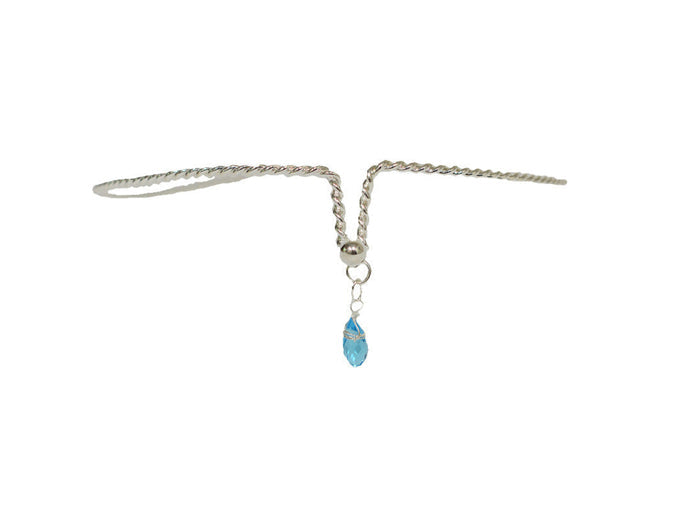 silver wire crown headpiece with blue crystal drop, front view