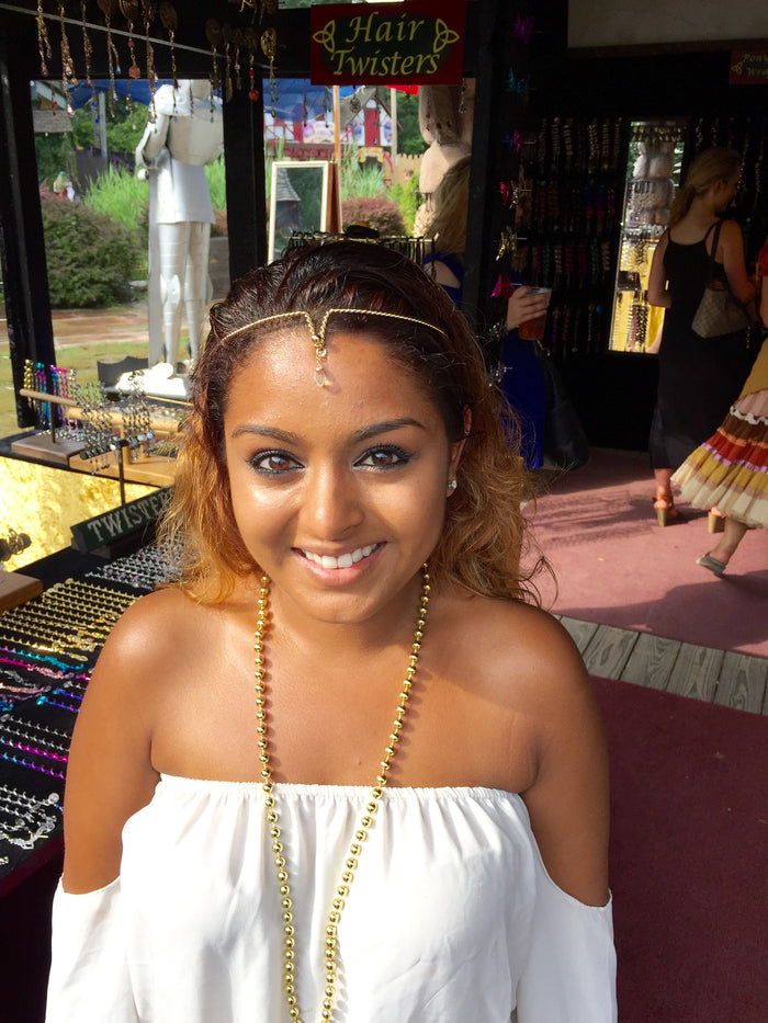Model wearing Dewdrop Crown – Silver Wire Band with Crystal Accent Headpiece