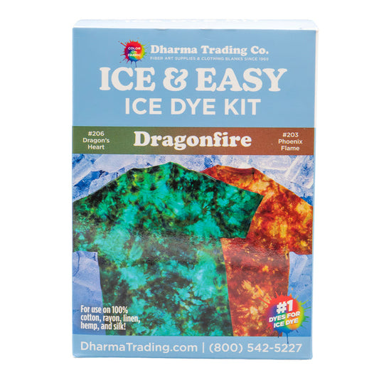 Dharma Trading Ice & Easy Ice Dye Kit packaging in "Dragonfire" color combo on a white background