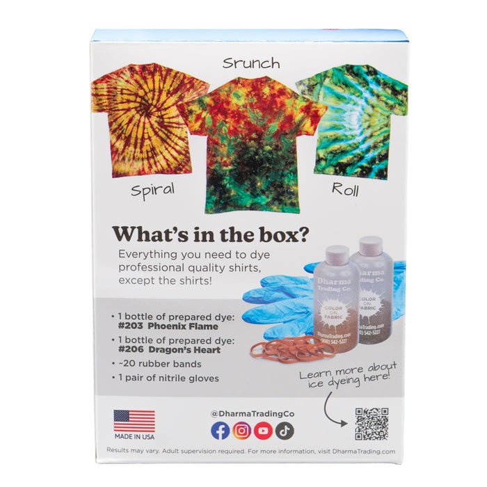Back of Dharma Ice & Easy ice-dye kit with examples of shirts and contents listed. Box reads: "Made in USA" and has social media links.