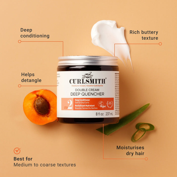 Curlsmith Double Cream Deep Quencher jar with apricot and aloe on a beige background