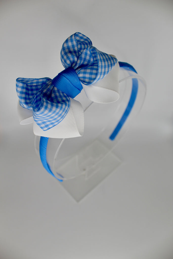 Double Loop School Headband - Light Blue Gingham