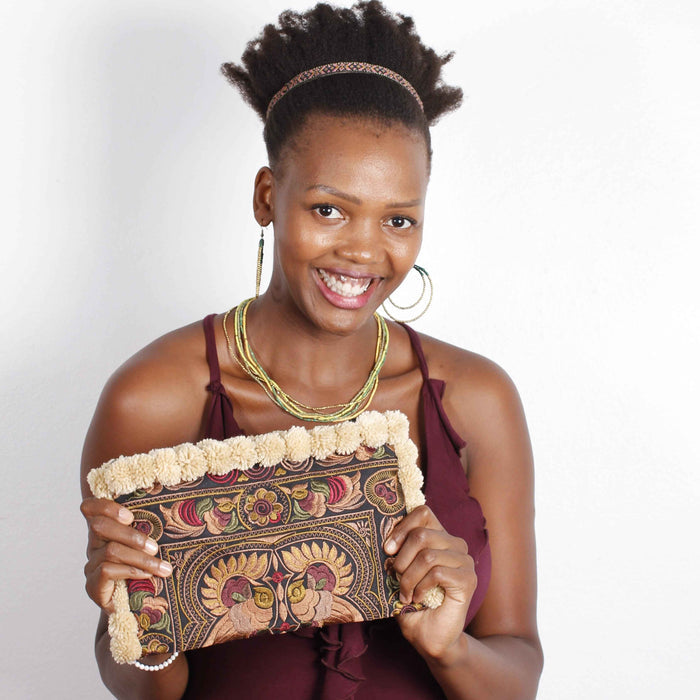 Double Pompom Embroidered Hmong Clutch - Thailand