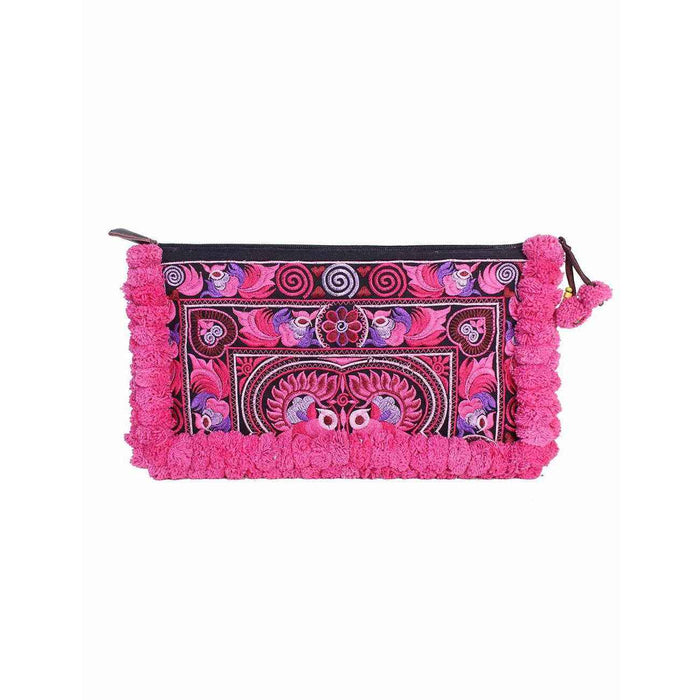 Double Pompom Embroidered Hmong Clutch - Thailand