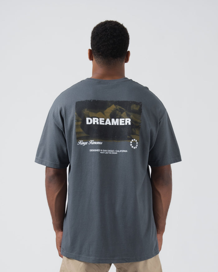 Kingz Dreamer Tee Grey - Back View Male Athlete Large DREAMER Text Black Rectangle Graphic Kingz Kimonos Script White Text Lower Back Casual Streetwear [color:Grey]