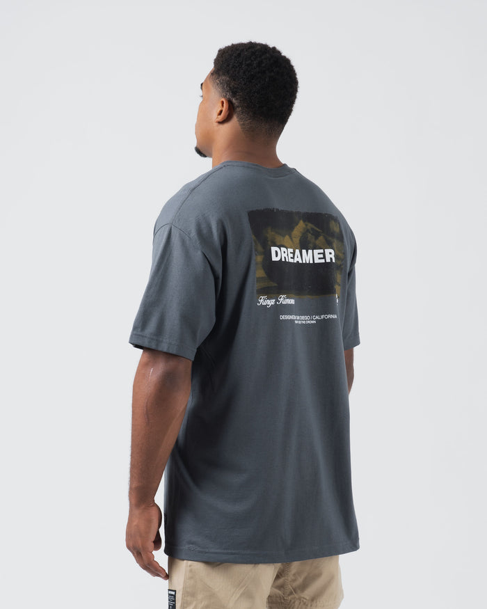 Kingz Dreamer Tee Grey - Back View Male Model Large DREAMER Text Back Graphic Black Yellow Panel Short Sleeve Relaxed Fit Streetwear [color:Grey]