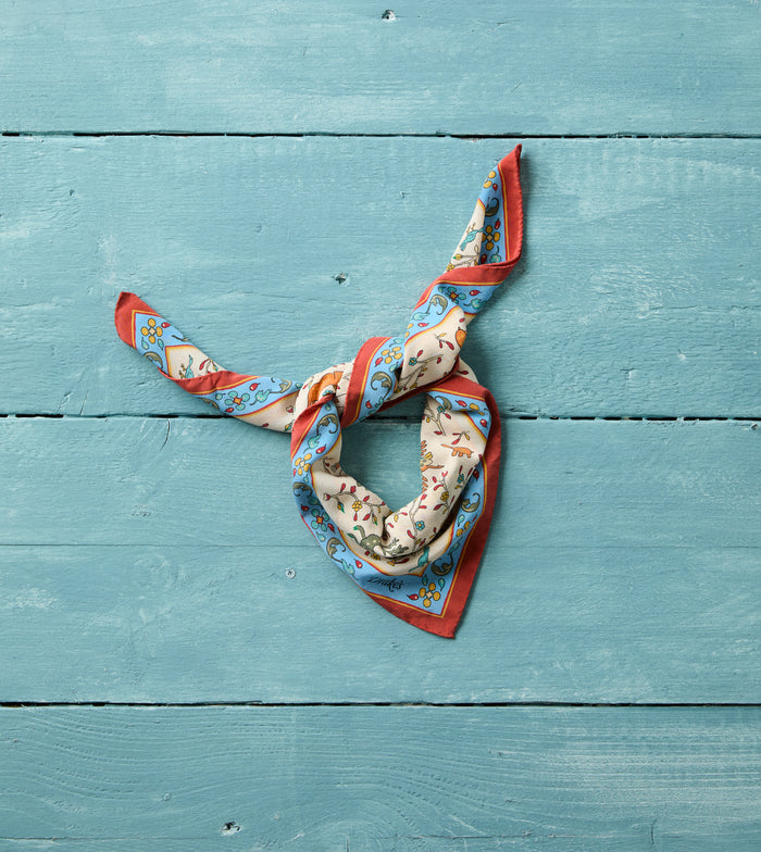 Ecru Animals and Flowers Print Silk Bandana