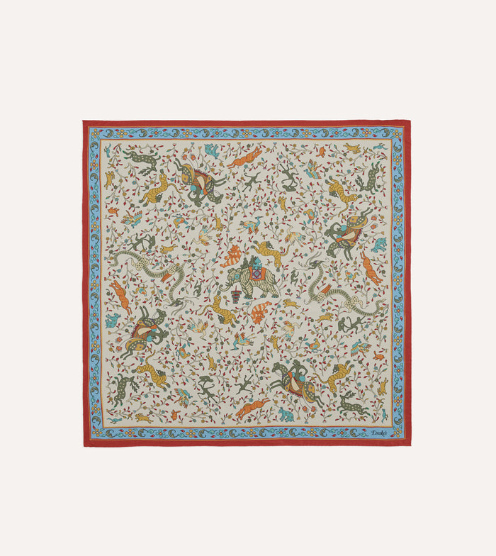 Ecru Animals and Flowers Print Silk Bandana