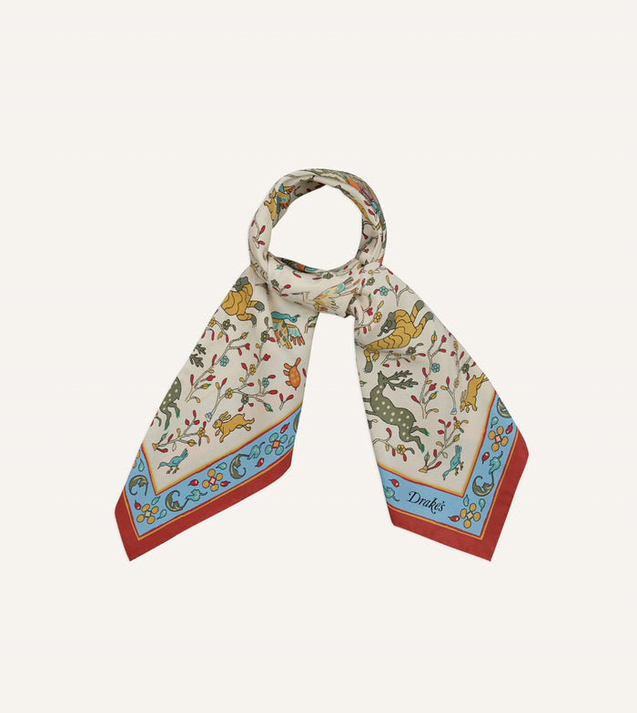 Ecru Animals and Flowers Print Silk Bandana