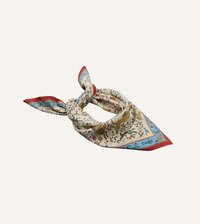 Ecru Animals and Flowers Print Silk Bandana