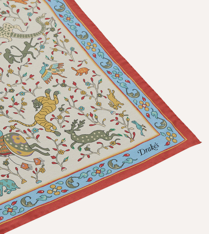 Ecru Animals and Flowers Print Silk Bandana